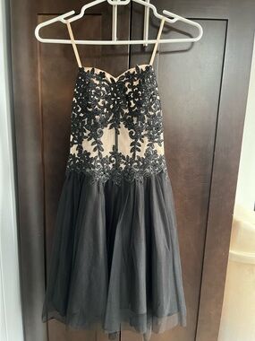 Strapless Black Floral Lace & Nude Lined Tulle Cocktail Dress